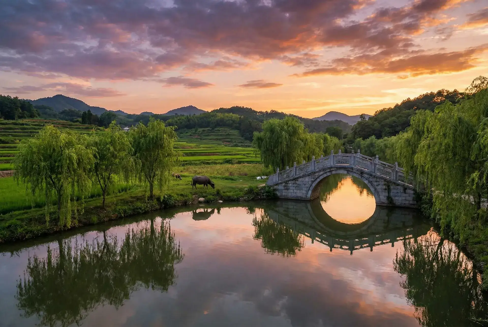 夕阳下的石拱桥与垂柳，水牛在河边吃草 - 哥布林的窑洞免费动漫 乡村美景