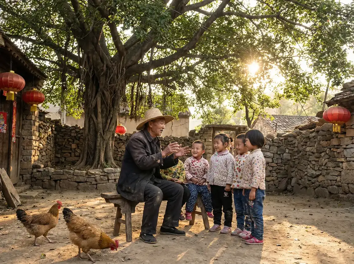 老人在大榕树下给孩子们讲故事 - 哥布林的窑洞免费动漫 乡村记忆